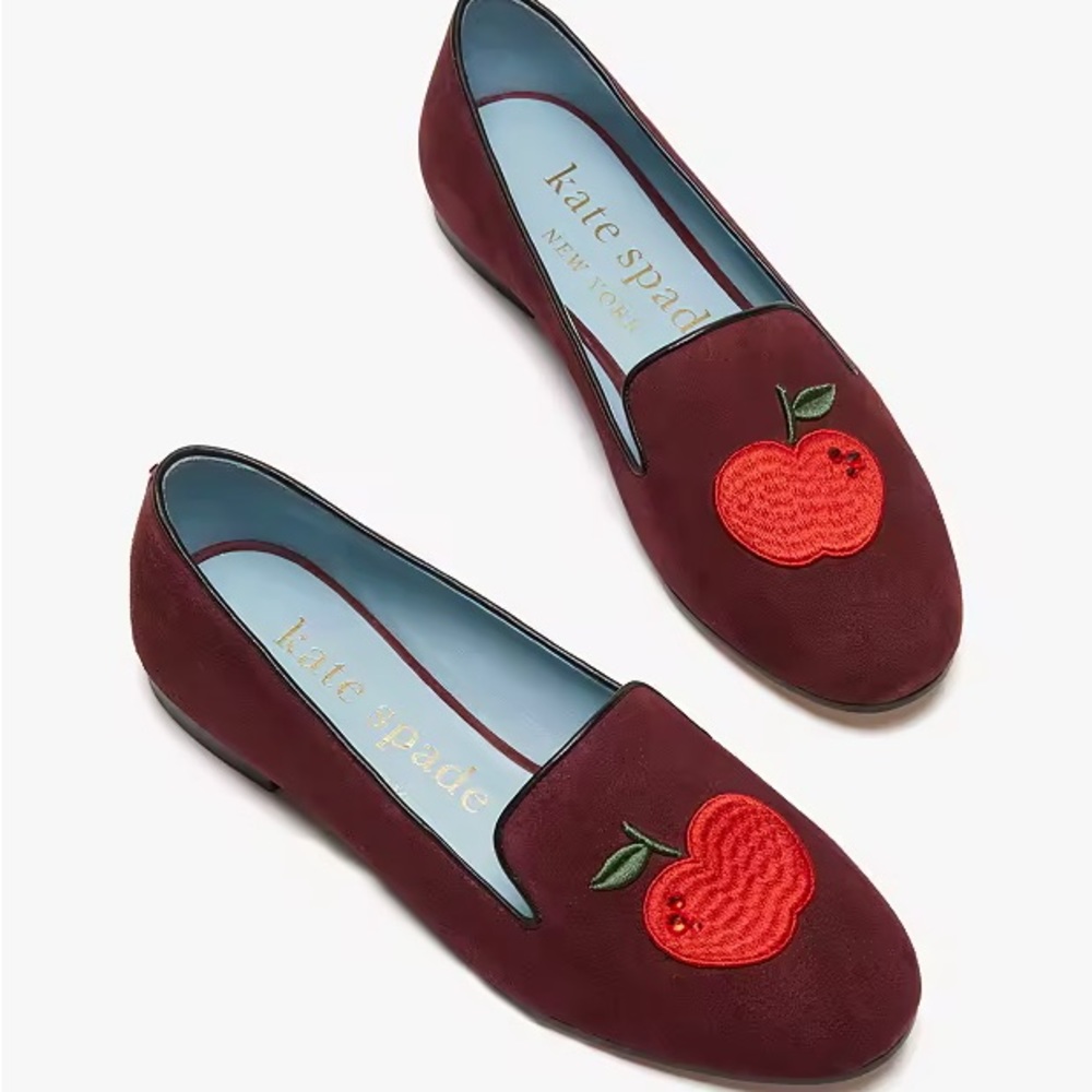 Kate Spade Burgundy Loafers with Red Apple Design